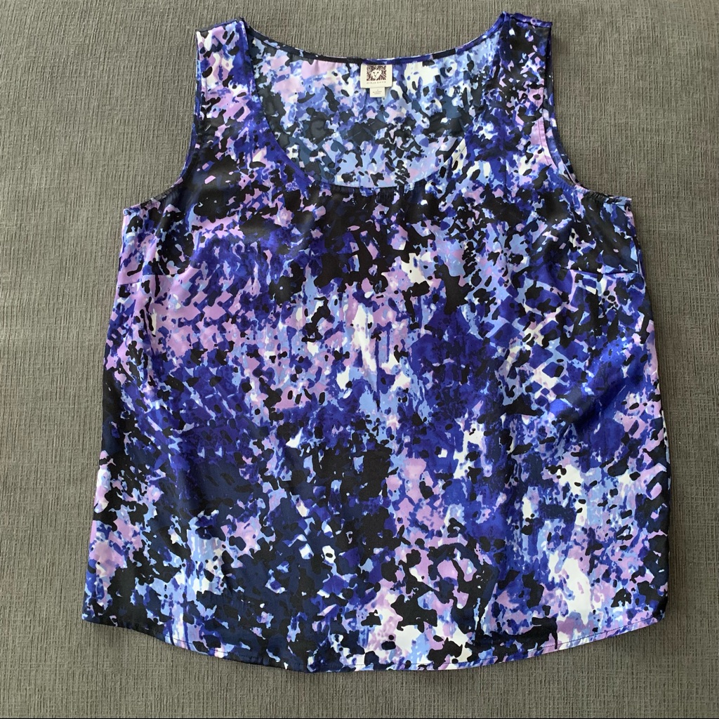 Anne Klein Sleeveless Career Scoop Neck Satiny Blouse Sz L Purples/Navy/Blk/Wht